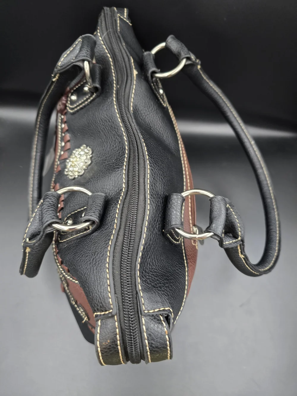 Embellished Two-Tone Black and Brown Satchel Handbag